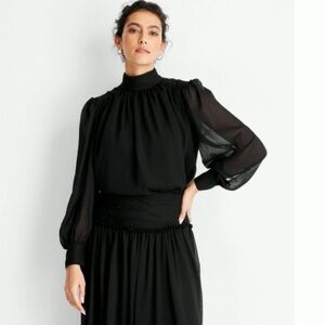 Women's Long Sleeve Crinkle Blouse- Black Mock Turtle Neck, Woven